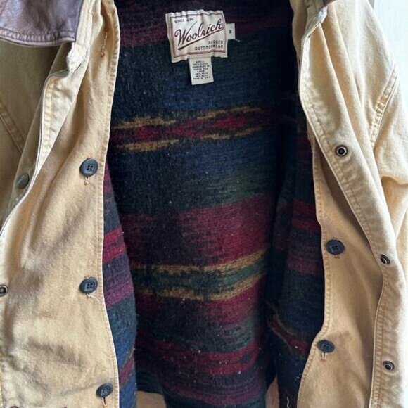 Woolrich Vintage 90s Leather Collar Wool Blanket Lined Chore Barn Coat - Picture 10 of 11